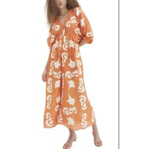 Chufy Orange Embroidered Printed V Neck Dress FLAW XS